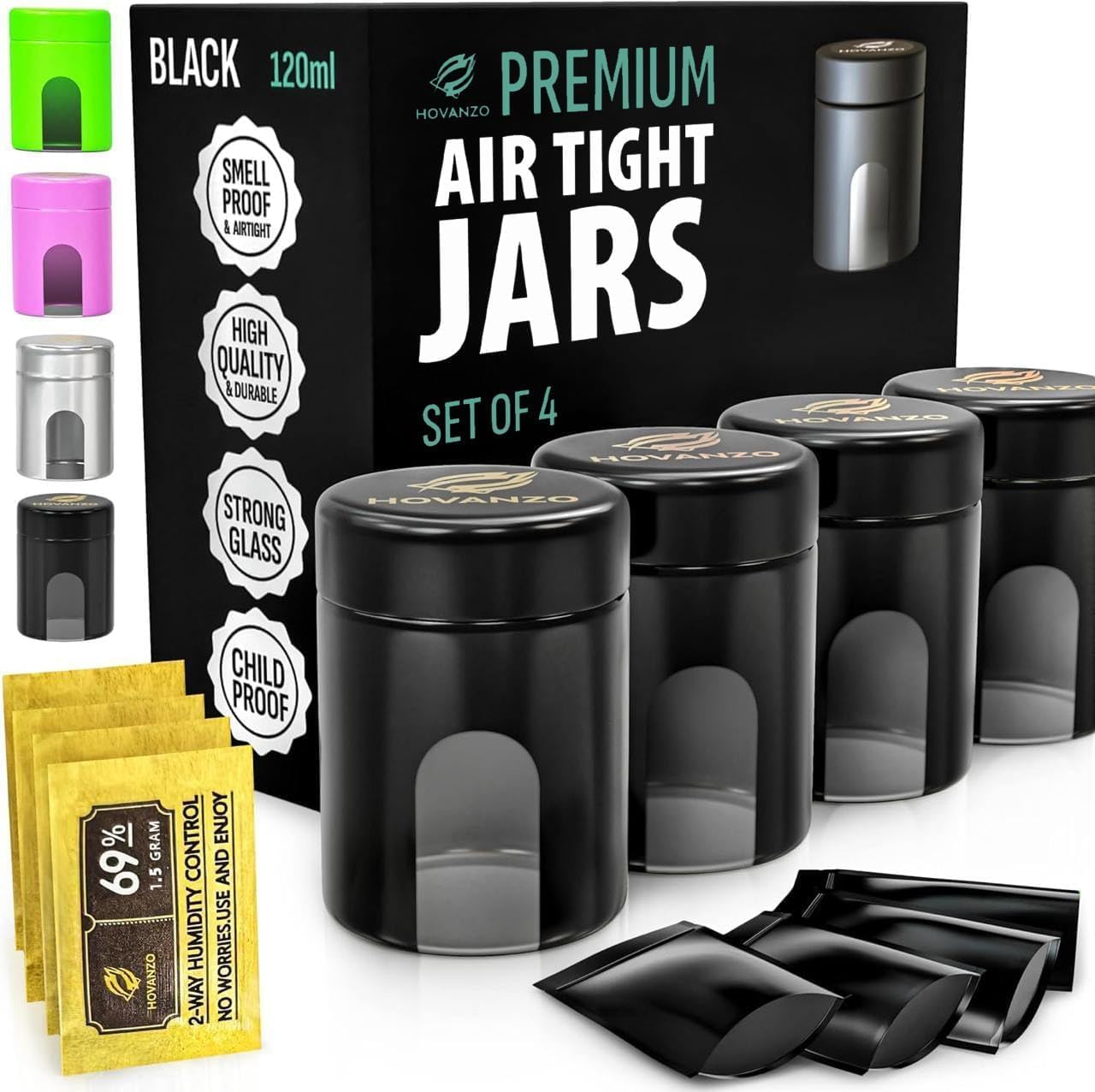Premium Airtight Glass Storage Jars 180/120ml with 69% Humidity Control 4 Packs - UV Air Tight Jars with Child-Resistant Lid - Airtight Jar Container, Air Tight Storage,Storage Jars for Herb/Spice