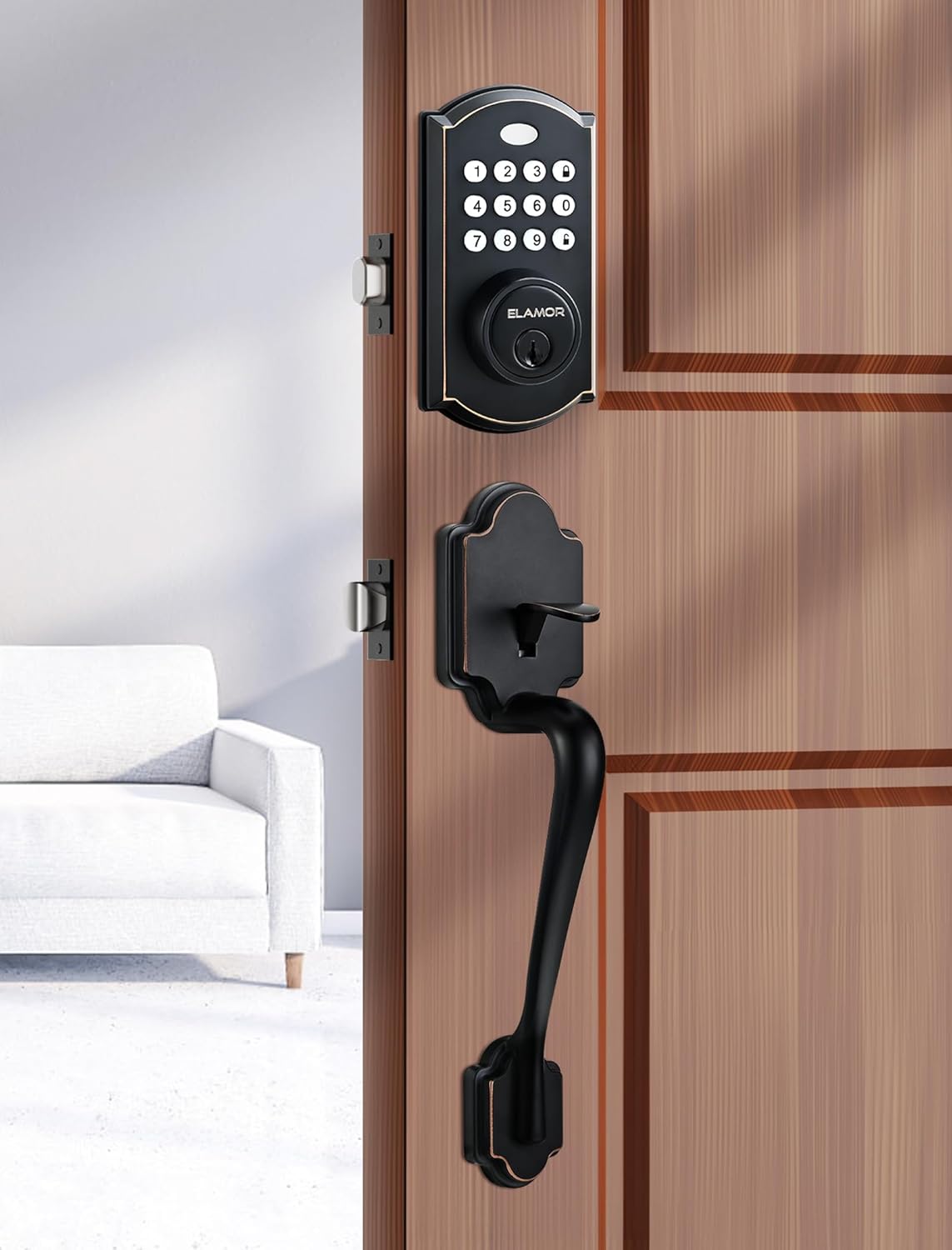 ELAMOR M19 Front Door Lock Set, Keyless Entry Deadbolt with Handle, Auto Lock, 50 User Codes, 2 Keys, Electronic Keypad, Waterproof Security Handle Set, Easy-to-Install, Oil Rubbed Bronze