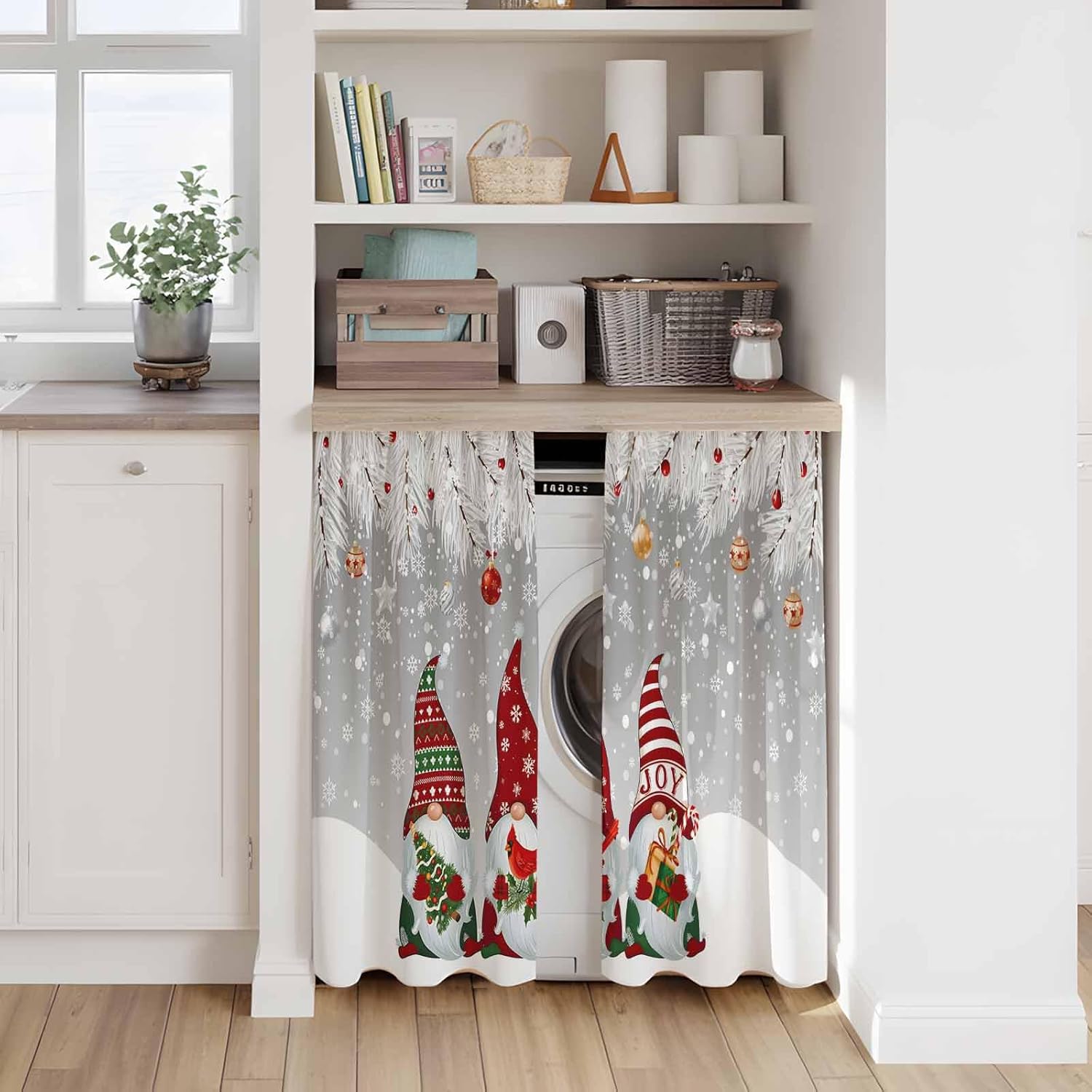 Grey Christmas Gnomes Kitchen Curtains 45 Inch Long 2 Panel Set, Rod Pocket Window Treatment, Xmas Balls Snowflake Light Filtering Short Curtains & Drapes for Bathroom Laundry 52"W x 45"L