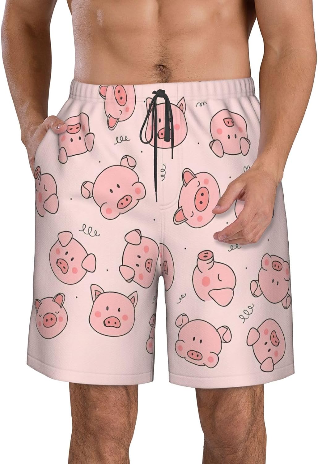 Cute Pig Print Men's Hawaiian Beach Shorts Elastic Novelty Summer Casual Shorts with Pocket
