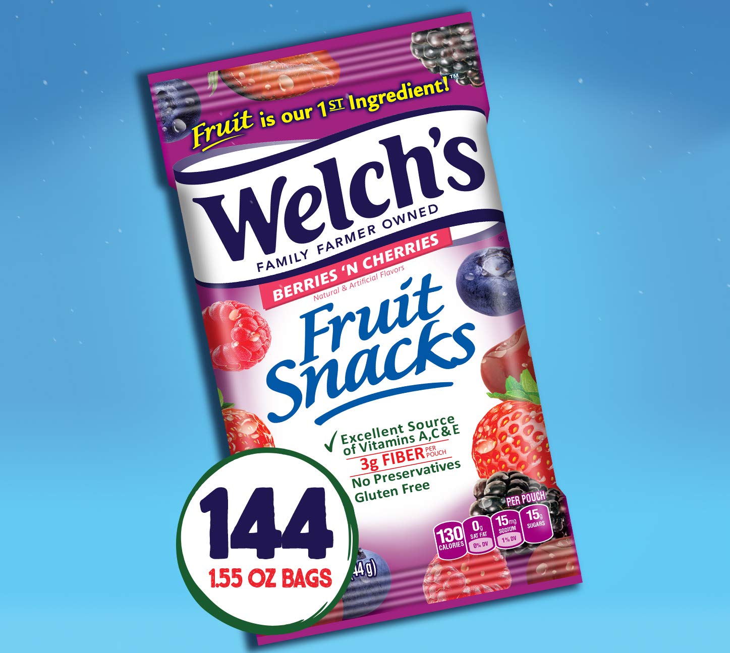 Welch's Fruit Snacks, Berries 'n Cherries, Great for School Lunches, Bulk Pack, Individual Single Serve Bags, 1.55 oz (Pack of 144)