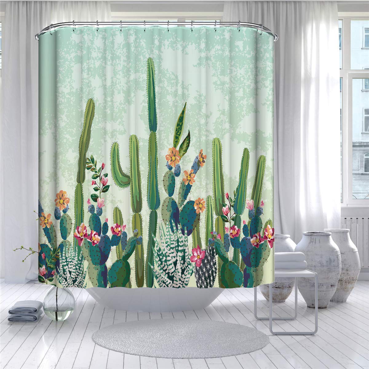 FANSU Tende da Doccia Antimuffa Impermeabile, Moderne 3D Shabby Stampato Poliestere Resistente Tessuto Lavabile Tenda della Vasca da Bagno con 12 Ganci (90x180cm,Albero Grigio Lettere Grigie