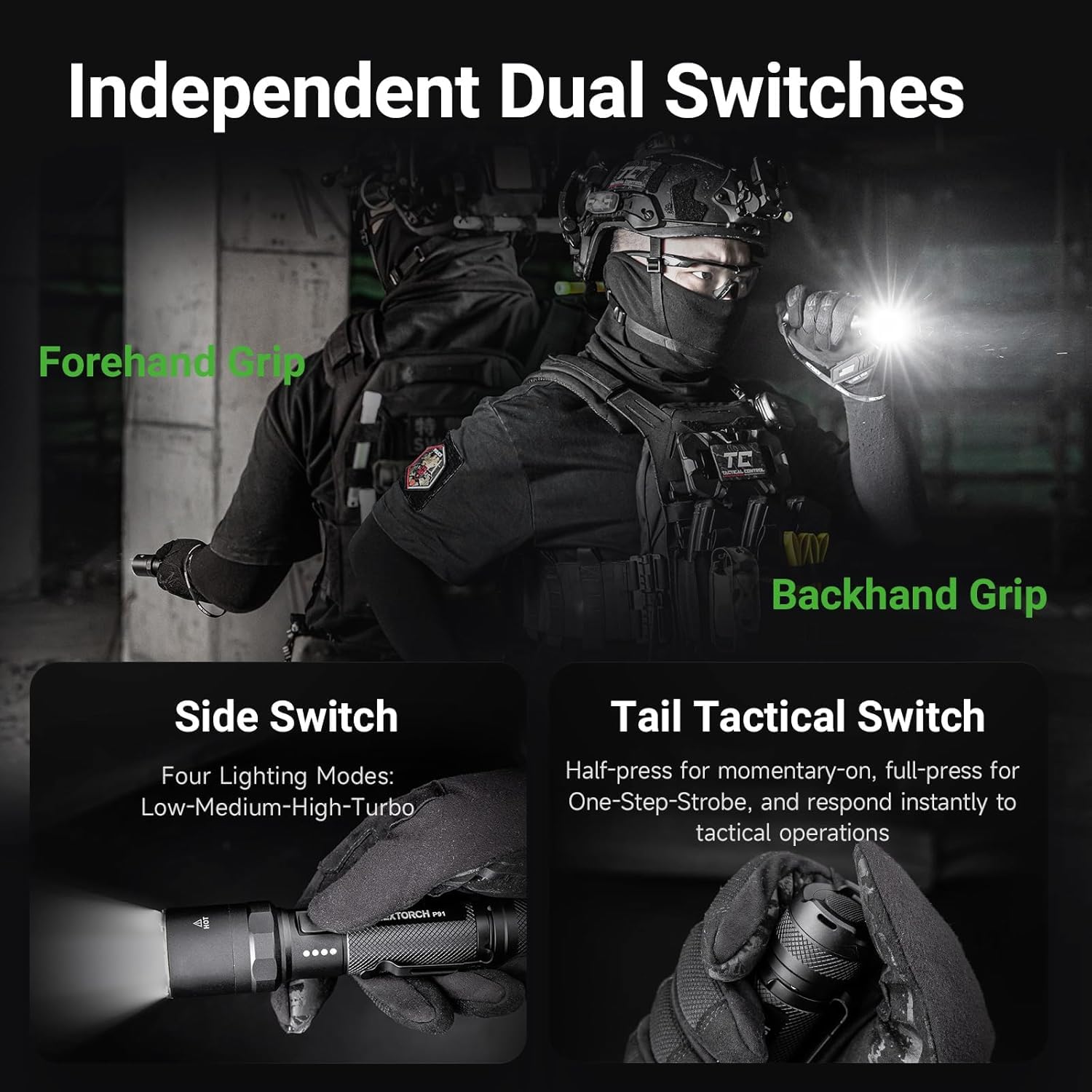 NEXTORCH P91 Taktische Taschenlampe 5000 Lumen, Extrem Hell LED mit Dual-Schalter & 6 Modi, Aufladbare mit Stroboskop & Keramik-Glasbrecher für Nachtdienst, Strafverfolgung, Suche & Rettung, IPX7