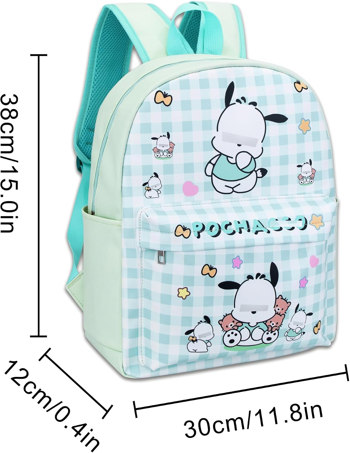 Roffatide Cartoon Pochacco All Over Print Checkered Casual Backpack Cute Backpack Travel Bike Rucksack Hiking Backpack Green