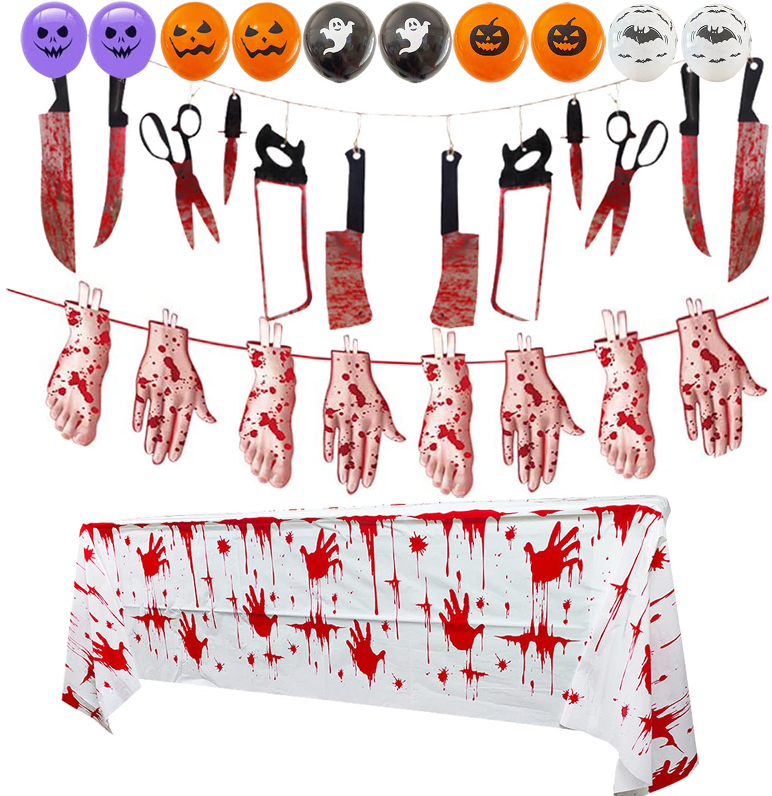 YitlaHalloween Decorations Sale Clearance,Halloween Scary Decorations Bloody Tablecloth + Weapons Banner +Scary Hands Foot Flag Set,Carnival Party Decorations Halloween Decorations Outdoor Indoor