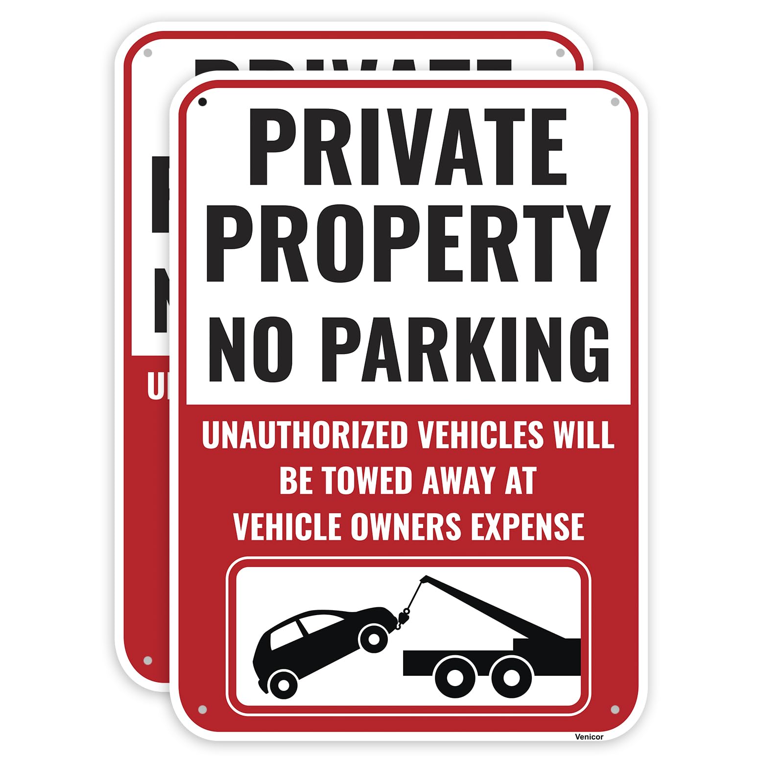2PC Private Property No Parking Sign, 14 x 10 Inches - Aluminum - Violators Will Be Towed