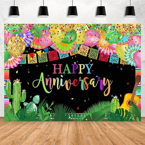 Aperturee Telón de fondo mexicano de 7 x 5 pies, para fiesta de carnaval, fiesta de carnaval, globos coloridos para pared, plantas tropicales,