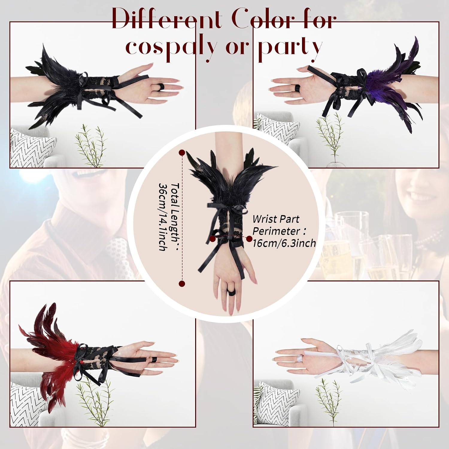 Zando Feather Lace Fingerless Gloves for Women - Lace UP Gothic Arm Sleeve Wrist Cuff Halloween Victorian Vampire Accessories