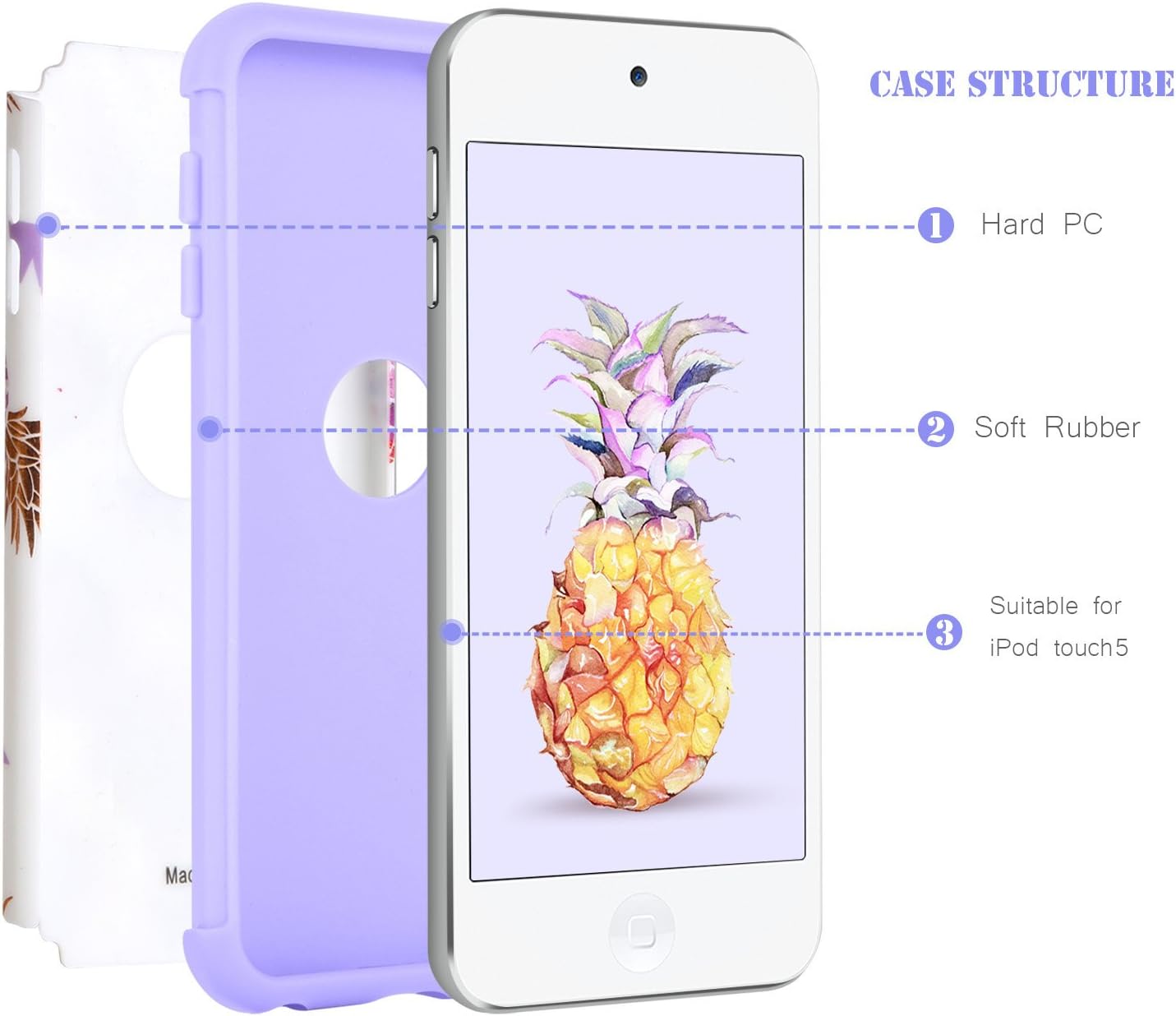 BENTOBEN iPod Touch 5 Case,iPod Touch 6 Case, Hybrid Solid PC Back Cover Soft Silicone Bumper Pineapple Pattern Shockproof Heavy Duty Protective Case for iPod Touch 5th/6th Generation,White/Purple