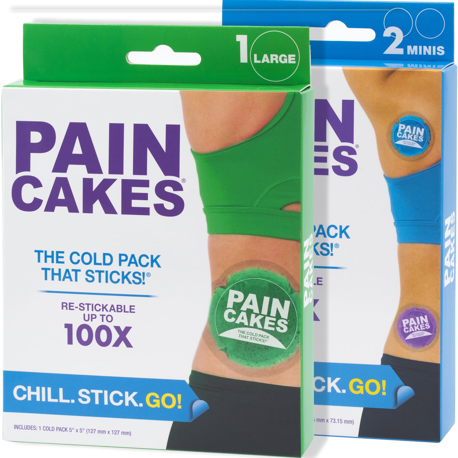 PAINCAKES Reusable, Sticks to Body, 5" Large Green with Mini 3 Pack of Purple and Blue, Small Ice Packs, Perfect for Injuries, and Small Areas,