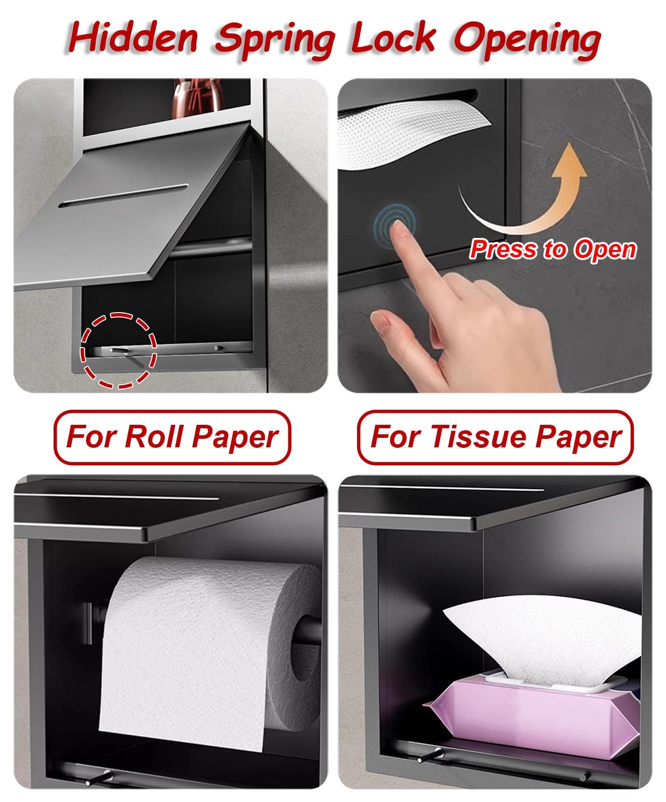 Vibeo Portarrollos Empotrable Portarrollos de Papel Higiénico Empotrado Doble, Nicho de Pared para Baño con Estante, Almacenamiento de Rollos de Papel Higiénico Integrado(Black,S)