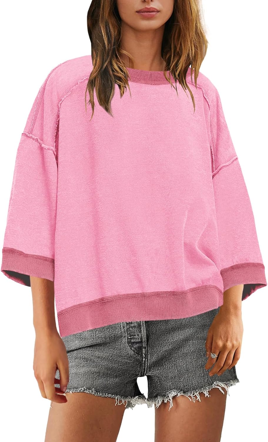 SENSERISE Womens Oversized Sweatshirt Short Sleeve Crewneck Sweatshirts 3/4 Sleeve Tops Summer Color Block Pullover