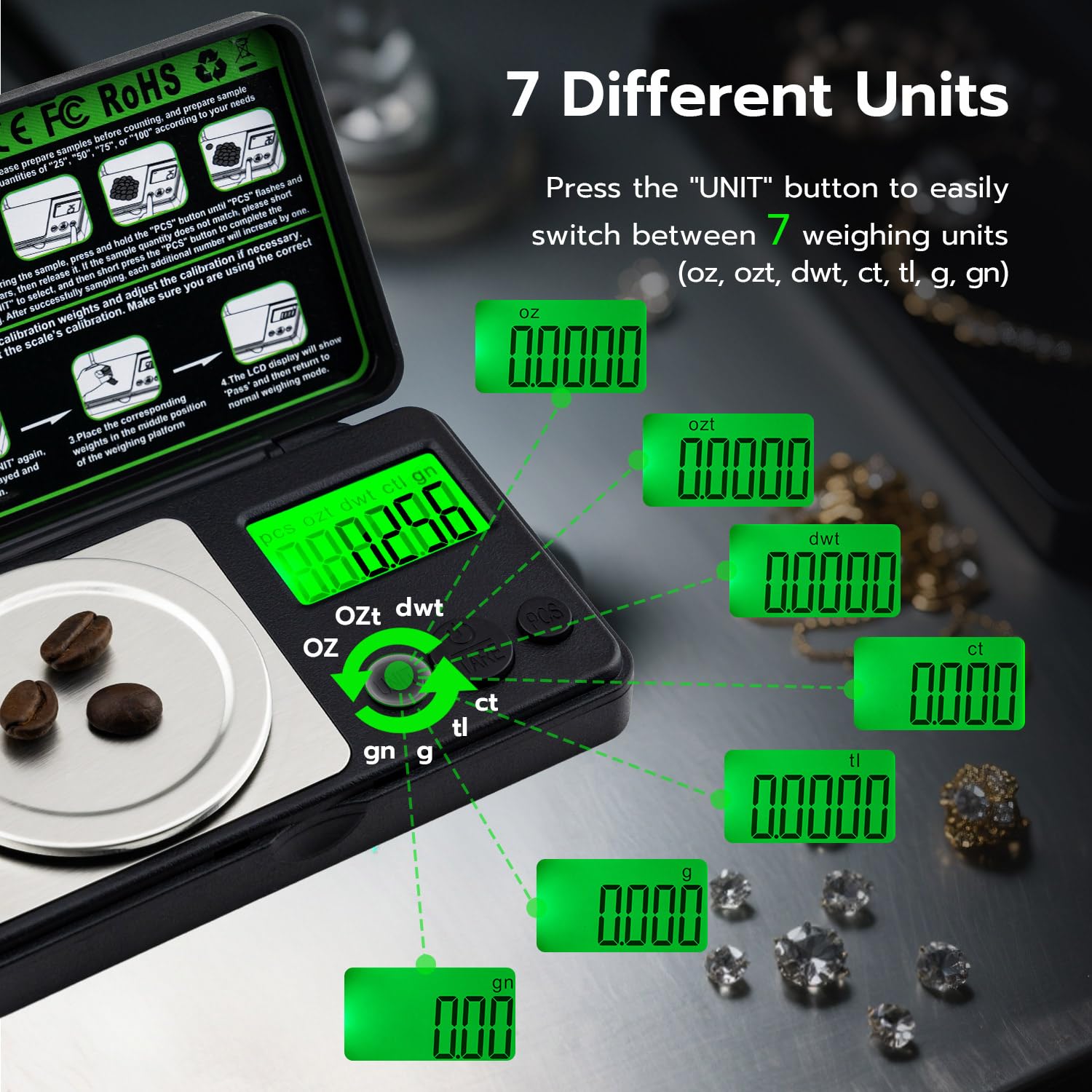 Báscula digital de miligramo de 1.76 oz x 0.00 oz, mini báscula de precisión con función de peso de tara, peso de calibración y pantalla LCD retroiluminada, microbáscula de bolsillo para 5