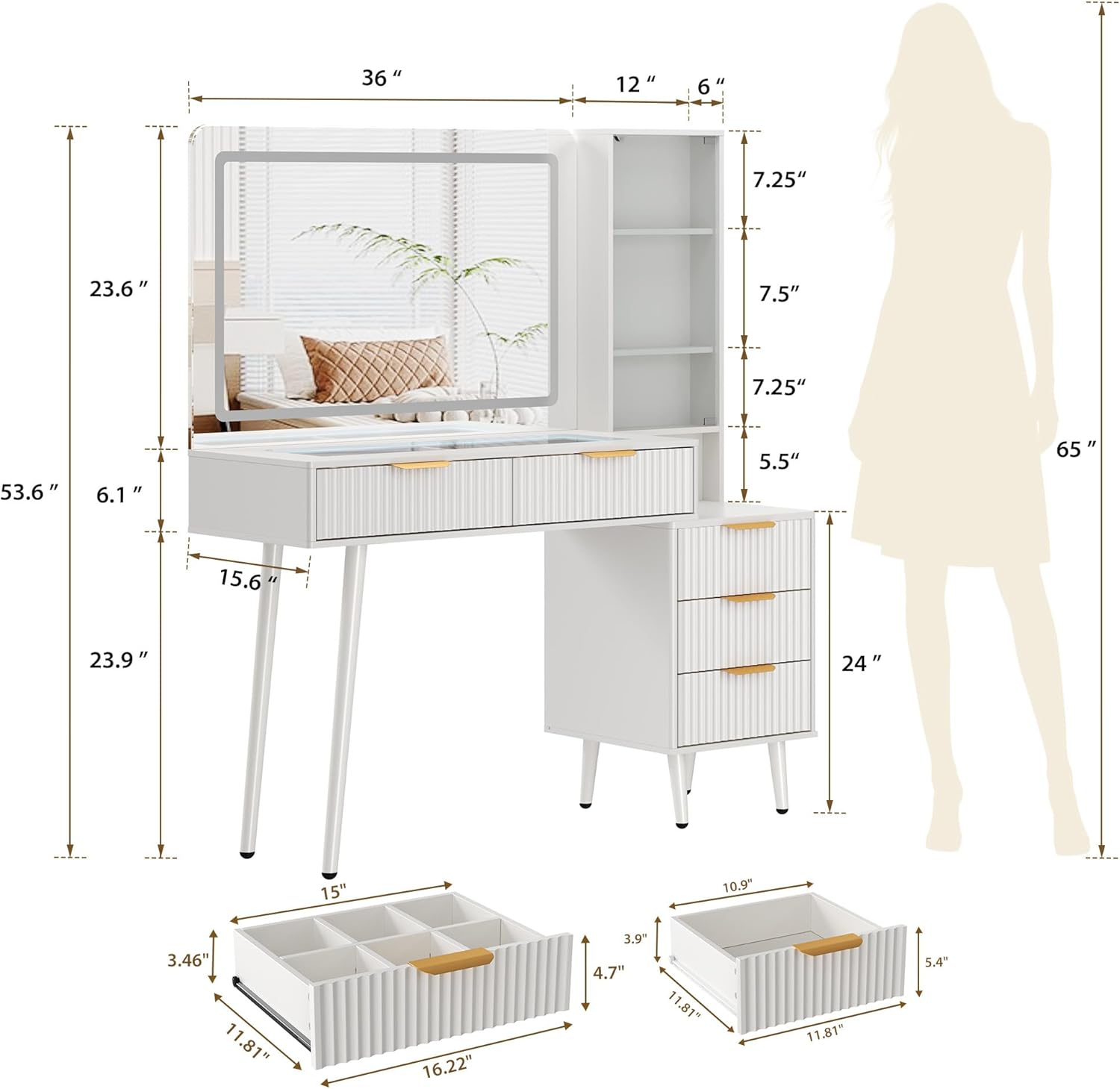 48" Fluted Vanity Desk with Mirror and Lights, Modern Make Up Vanity with Drawers, Glass Top, Power Outlet, Makeup Table for Bedroom