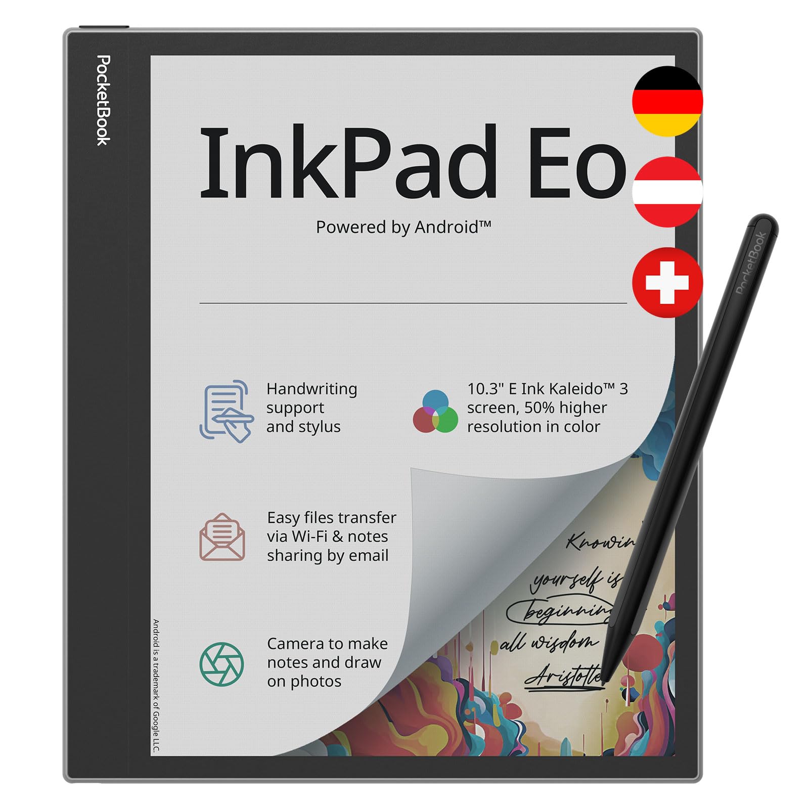 Pocketbook e-Book Reader 'InkPad Eo' 64 GB Speicher, 26,12 cm (10,3 Zoll) E-Ink Kaleido 3 Farb-Touchscreen, SMARTlight Hintergrundbeleuchtung, Wi-Fi, Bluetooth, Lautsprecher Mist Grey