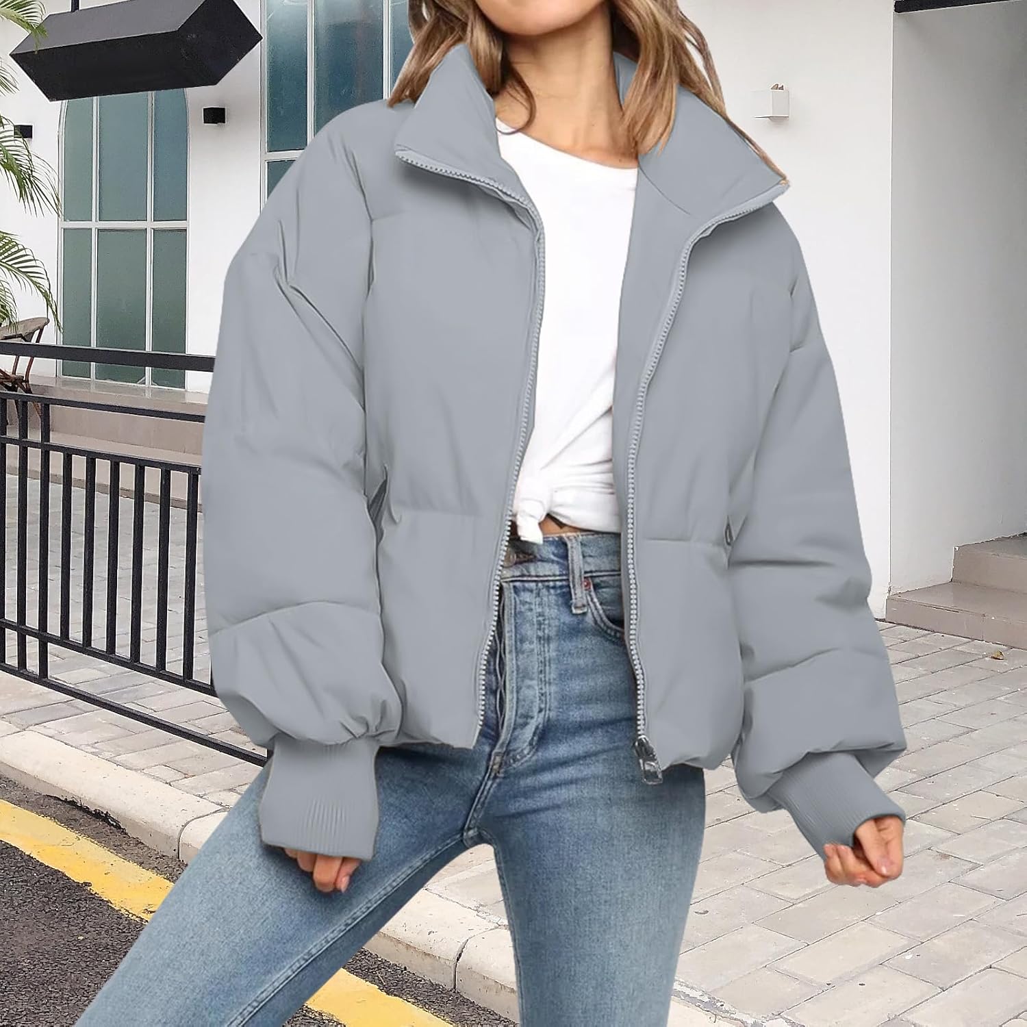 Women’s Winter Cropped Puffer Jacket Coat Casual Quilted Baggy Long Sleeve Zip Down Jackets Outerwear - Image 6