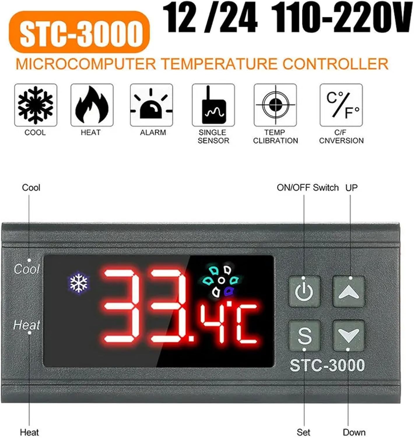 STC-3000 Digital Thermostat front panel with labeled buttons and display