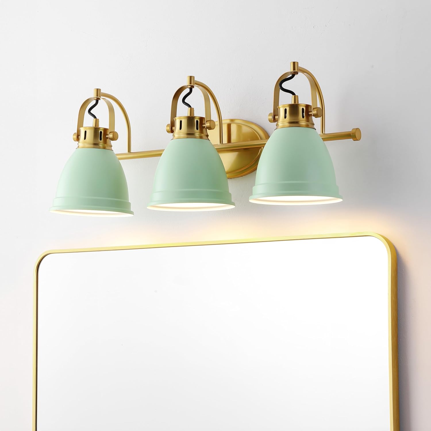 JONATHAN Y 25.5" Mint Green/Brass Gold 3-Light LED Vanity Light, Adjustable Wall Sconce for Bathroom Mirror, Farmhouse Bohemian Kitchen Light, Iron Black Bell Shade (JYL1116D)