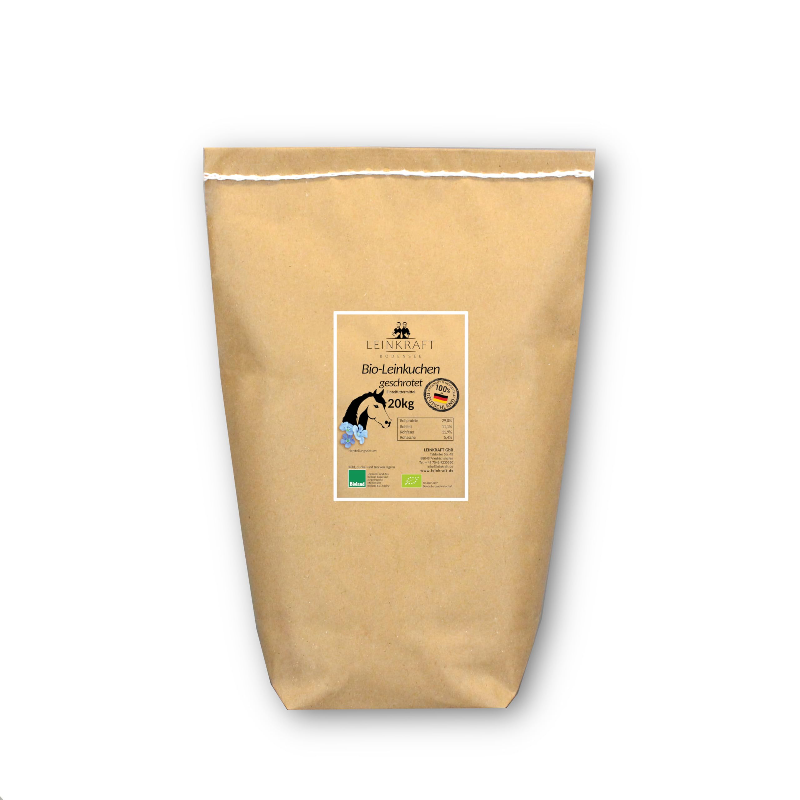 Bio Leinkuchen Granulat 20kg Mash von Leinkraft - Leinkuchen geschrotet für Pferde ohne Zusätze - Deutscher Anbau - hoher Restölgehalt für Haut und Fell - reich an Schleimstoffen für die Verdauung