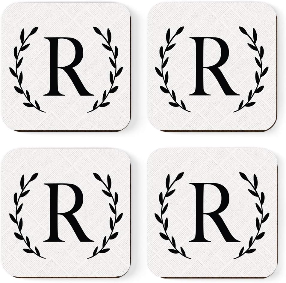 Andaz Press Square Coffee Drink Monogram Coasters Gift Set, Initial Letter R, Farmhouse Laurel Leaves, 4-Pack, Wedding Bridesmaid Maid of Honor Gifts, Housewarming Ideas