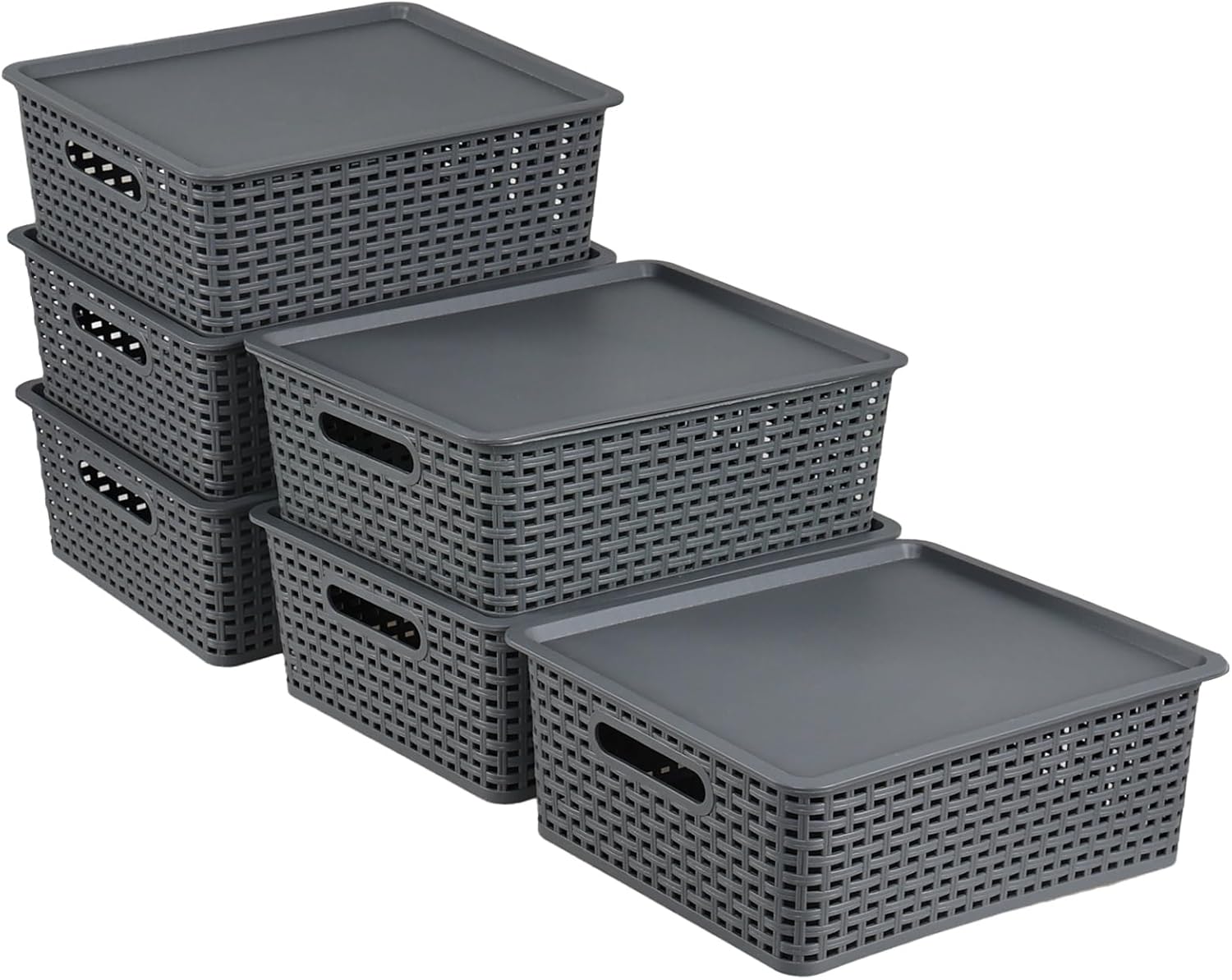 6 Pack Plastic Basket with Lid, Grey Stackable Baskets for Organizing, 14" X 11.7" X 5.35"