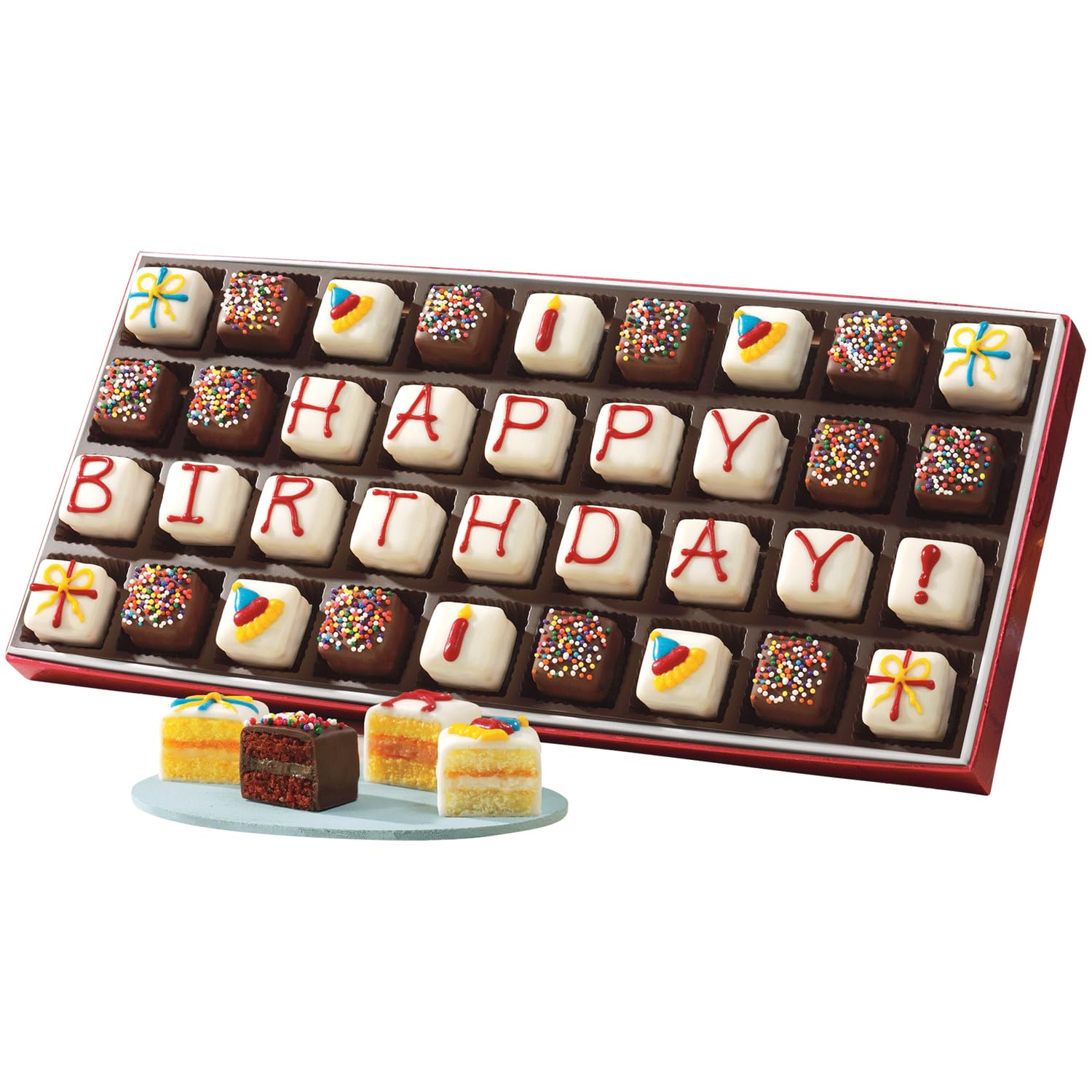 The Wisconsin Cheeseman Happy Birthday Petits Fours – Gourmet Mini Layer Cakes in Chocolate, Vanilla, Orange, and Lemon – Birthday Dessert or Cake Assortment Gift