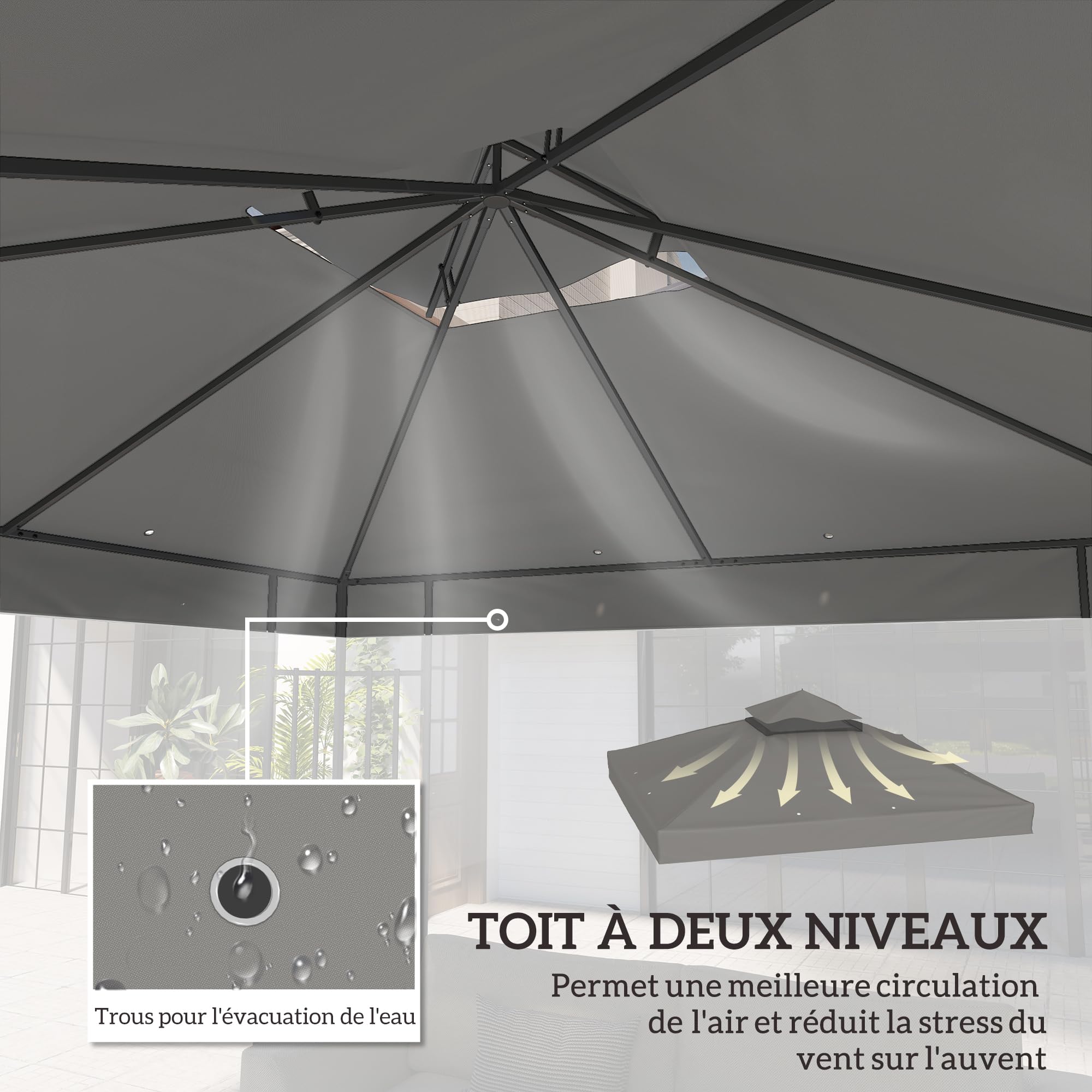 Outsunny Toile pour Tonnelle 3 x 3 m Rechange 2 Niveaux PVC Gris