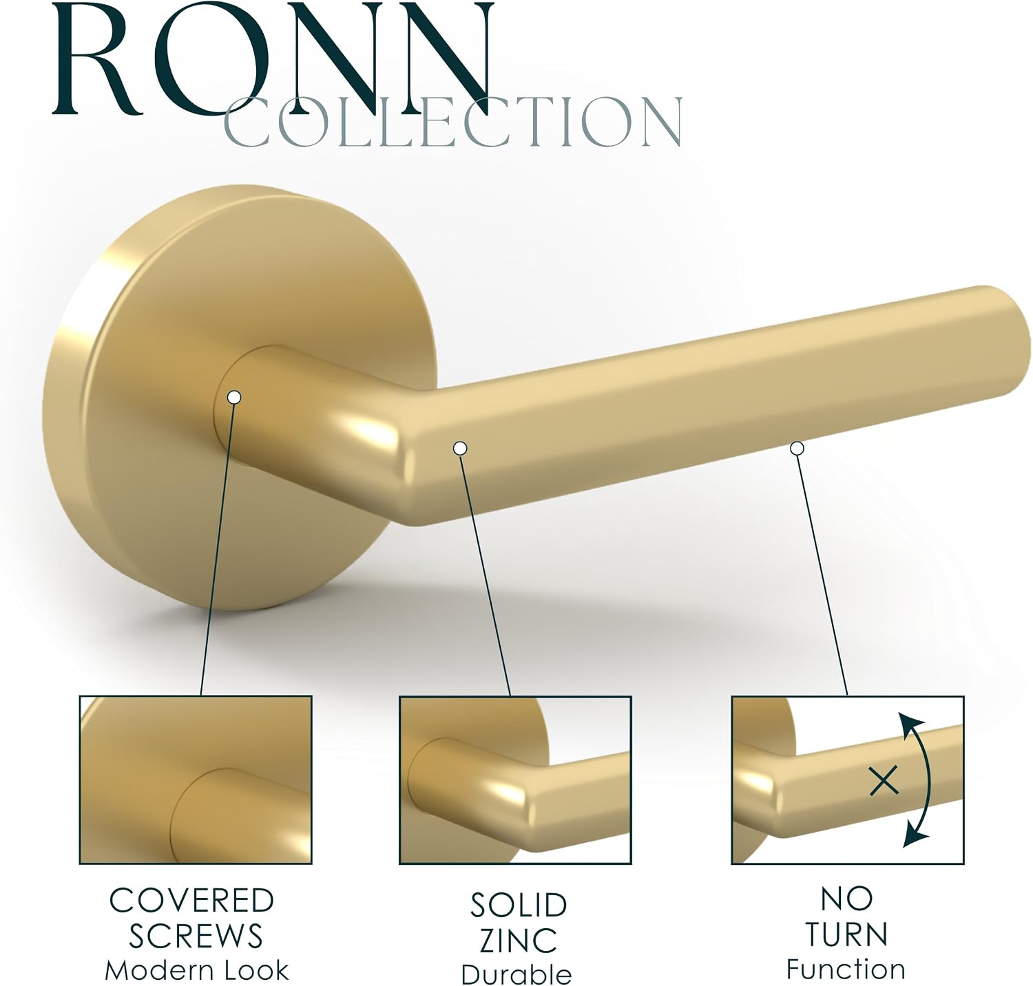 Mega Handles Ronn Dummy Lever Door Handle Set for Closet or French Doors, Single Side, Non-Turning Reversible Door Levers, Fits All Standard Door Sizes, Screws Included - Satin Brass (2 Pack)