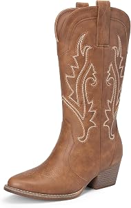 DREAM PAIRS Women's Cowboy Boots Mid Calf Cowgirl Boots Point Toe Chunky Heel Embroidery Stitched Western Boots