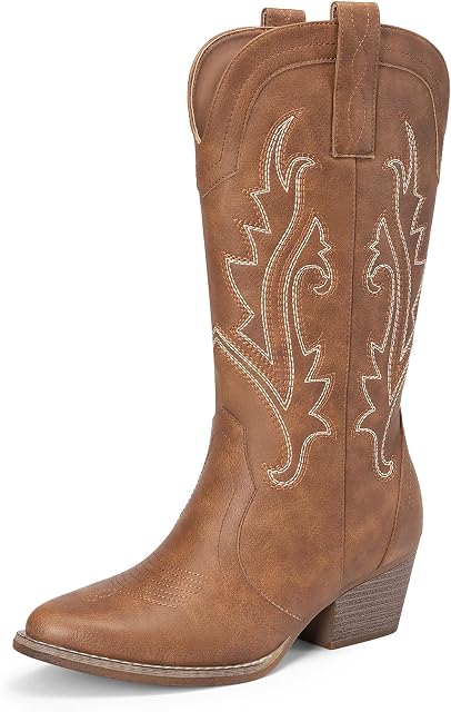 DREAM PAIRS Women's Cowboy Boots Mid Calf Cowgirl Boots Point Toe Chunky Heel Embroidery Stitched Western Boots