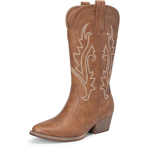 DREAM PAIRS Women's Cowboy Cowgirl Boots Embroidered Pointed Toe Low Heel Western Mid Calf Boot for Theme Party Country Concert