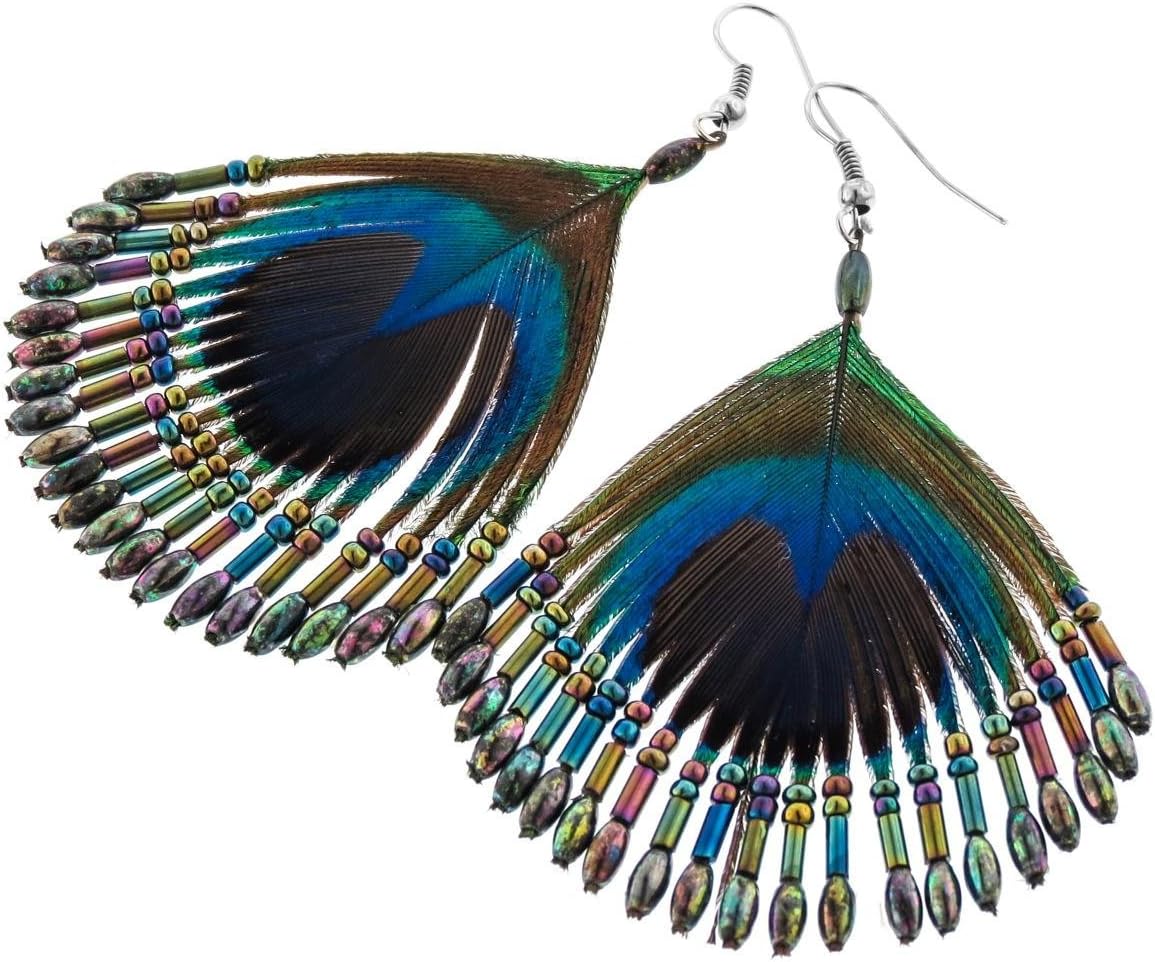 Beaded Iridescent Peacock Feather French Wires Earrings