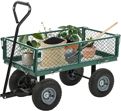 FDW Carrito de jardín Streel de alta resistencia, capacidad de 500 LBS, carrito utilitario con lados extraíbles y mango giratorio de 180° para Verde
