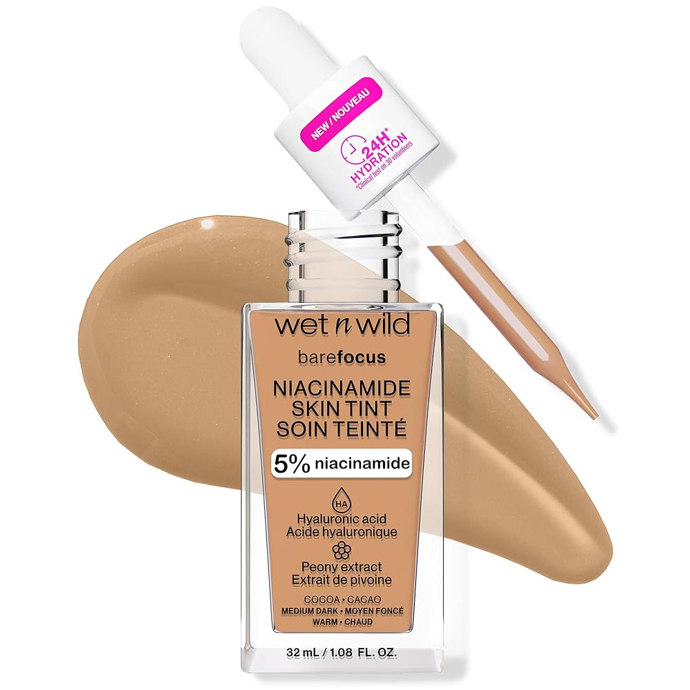 wet n wild Bare Focus Skin Tint, 5% Niacinamide Enriched, Buildable Sheer Lightweight Coverage, Natural Radiant Finish, Hyaluronic & Vitamin Hydration Boost, Cruelty-Free & Vegan - Cocoa