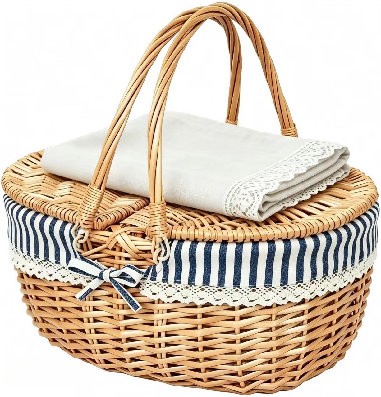 OYPEIP Empty Undyed Hand Woven Wicker Picnic Basket with Lid & Handle for Couple, Removable Lace Liners, for Easter Thanksgiving Wedding(Blue White Striped + Solid Gray)