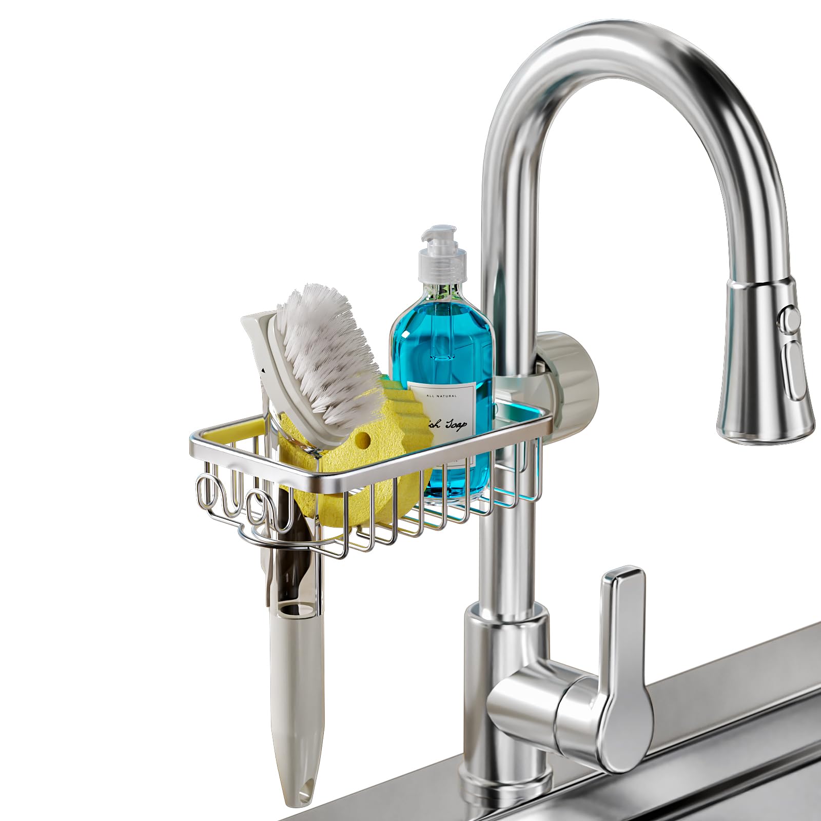 BFDYY Sponge Holder Over Faucet Kitchen Sink Caddy Organizer, Stainless Steel Detachable Hanging Faucet Drain Rack for Bathroom, Scrubbers, Soap, Chrome