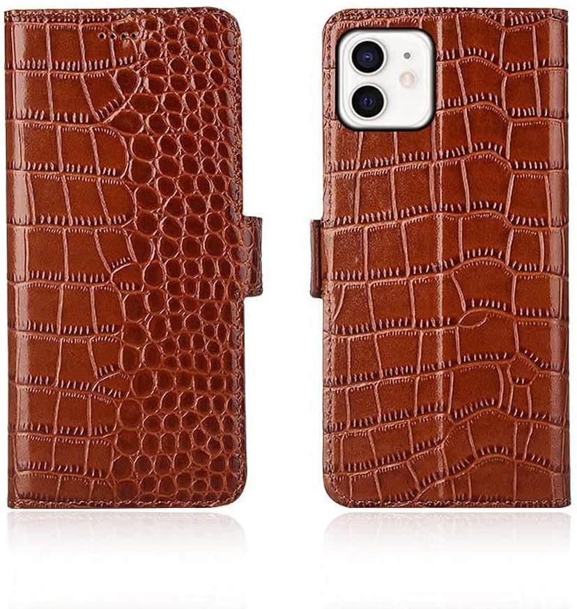Étui pour iPhone 12 en cuir crocodile marron avec coque interne TPU