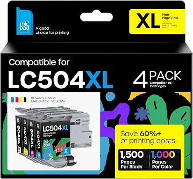 iNKPAD LC504XL Ink Cartridges Replacement for Brother LC504 XL 504 Ink | Work for MFC-J1365DW MFC-J1355DW MFC-J1367DW Printers High Yield LC 504 XL Black Cyan Magenta Yellow Ink Cartridges 4-Pack