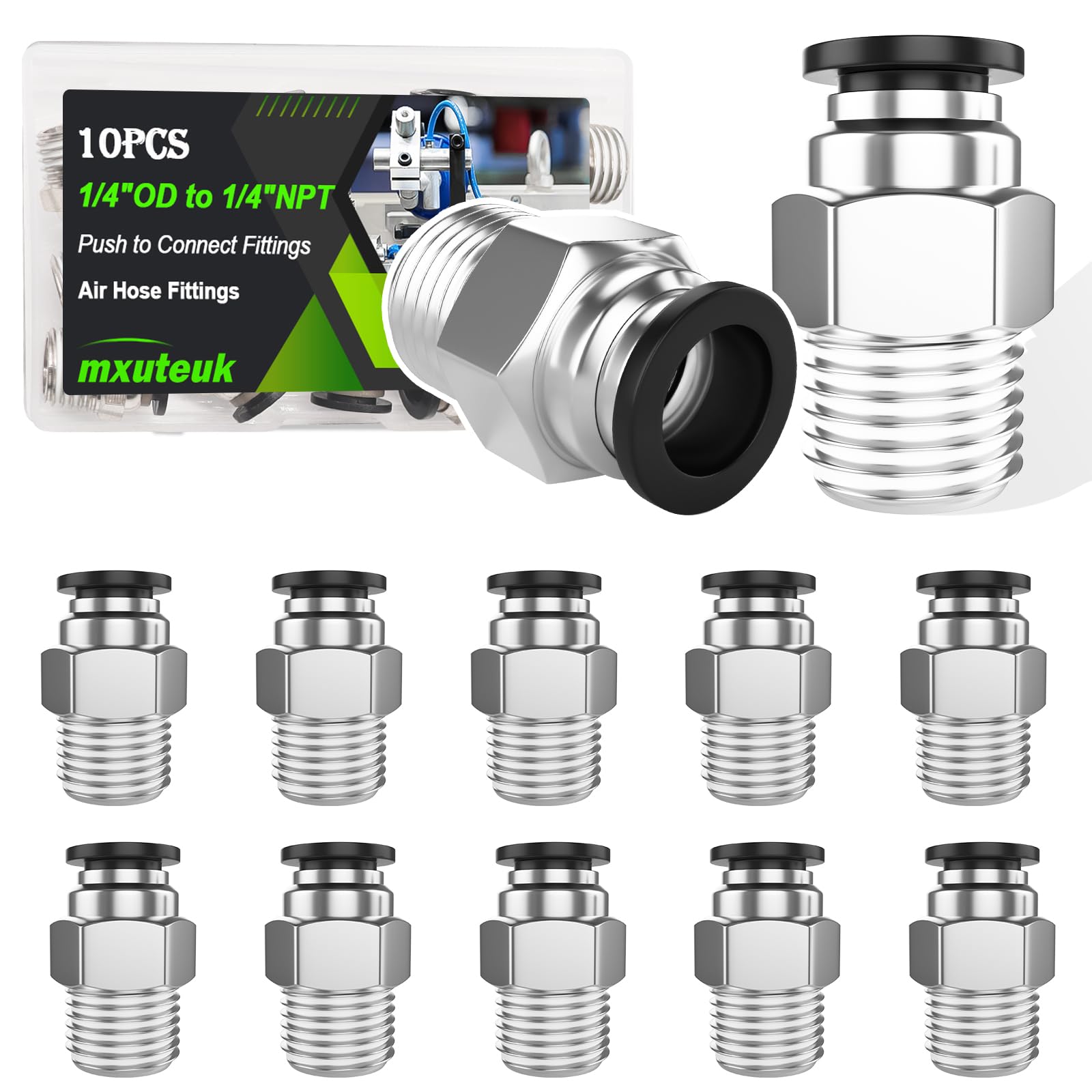 mxuteuk 1/4" OD to 1/4" NPT Push to Connect Fittings Air Hose Fittings,1/4" Quick Connect Fittings,Pneumatic Elbow and Straight Combination(10PCS)
