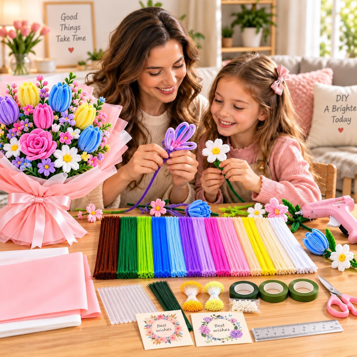 HSIFMATE 1050 PCS Pipe Cleaners for Crafts, 21 Colors 8mm Thick Fluffy Chenille Stems, Pipe Cleaner Flower Making Kit with Glue Gun, Floral Wire, Tape & Wrapping Paper, DIY Flower Craft Kit