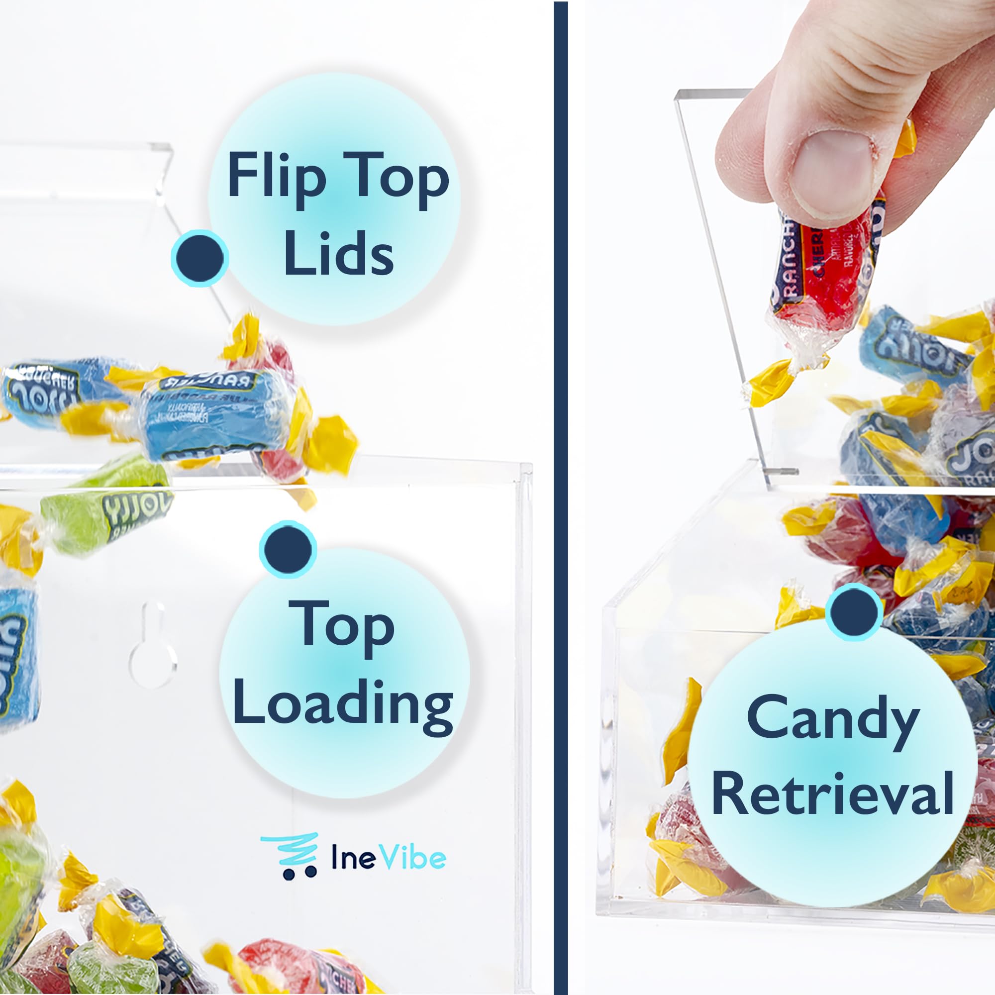 Inevibe Dispenser per caramelle, in acrilico, con due coperchi su piano di lavoro, ufficio, casa o montaggio a parete, per cioccolato, dolcetti, dolci e snack