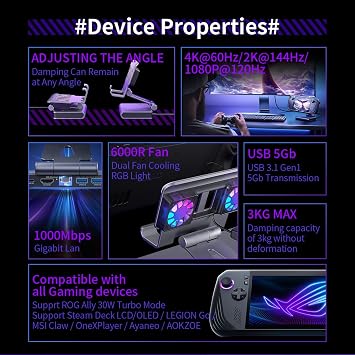 Fanlar Steam Deck Dock 6'sı 1 arada Ayarlanabilir Standlı - 4K@144Hz HDMI, 1000Mbps Ethernet, 3X USB-A 3.0, 100W Steam Deck OLED/Legion Go/MSI Claw El Oyun Konsolları için Hızlı Şarj Yerleştirme