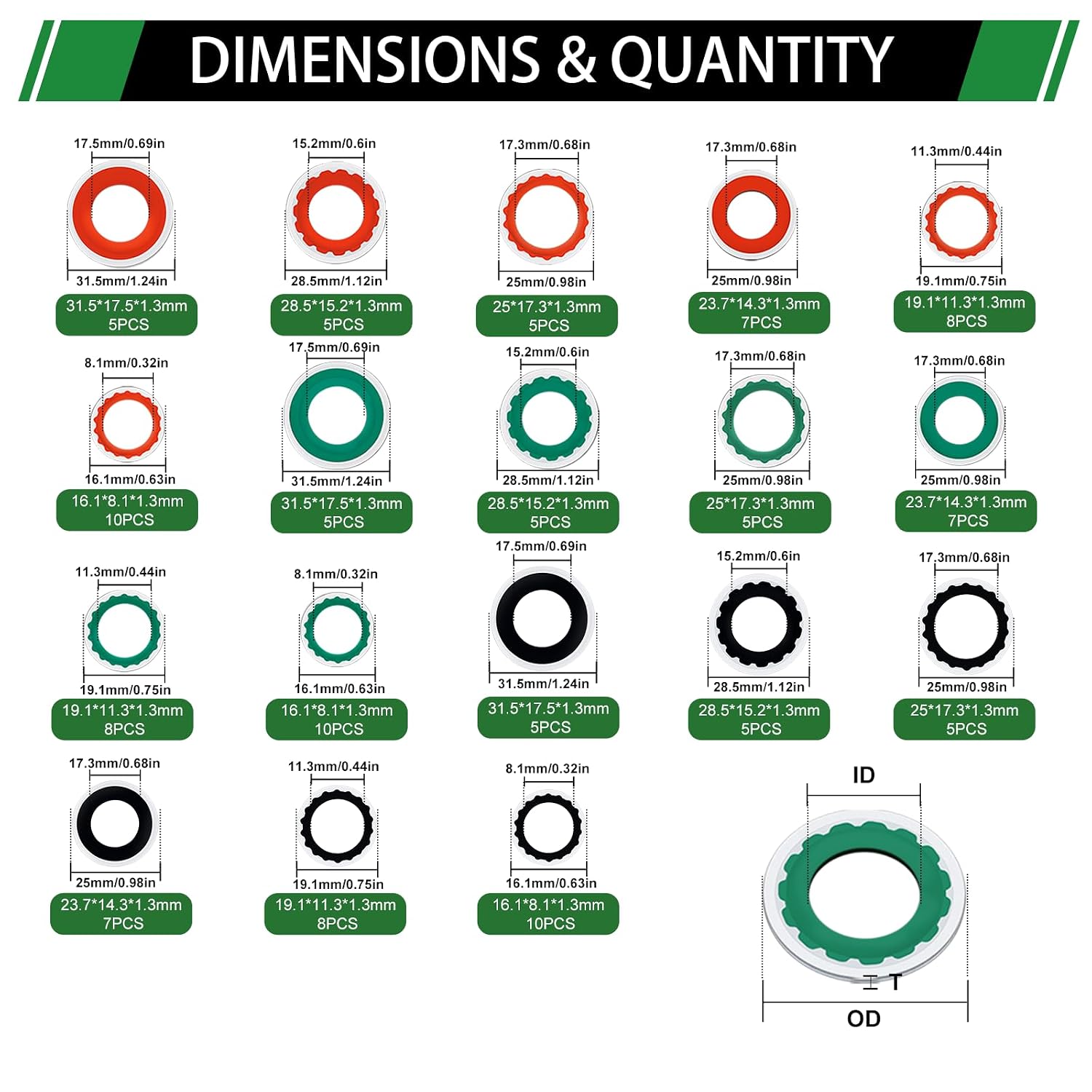 120PCS A/C Compressor Seal Washers Assortment Kit, 18 Sizes 3 Colors Automotive Air Conditioning System Compressor Port Bonded Seal Gasket Kit (Red & Green & Black)