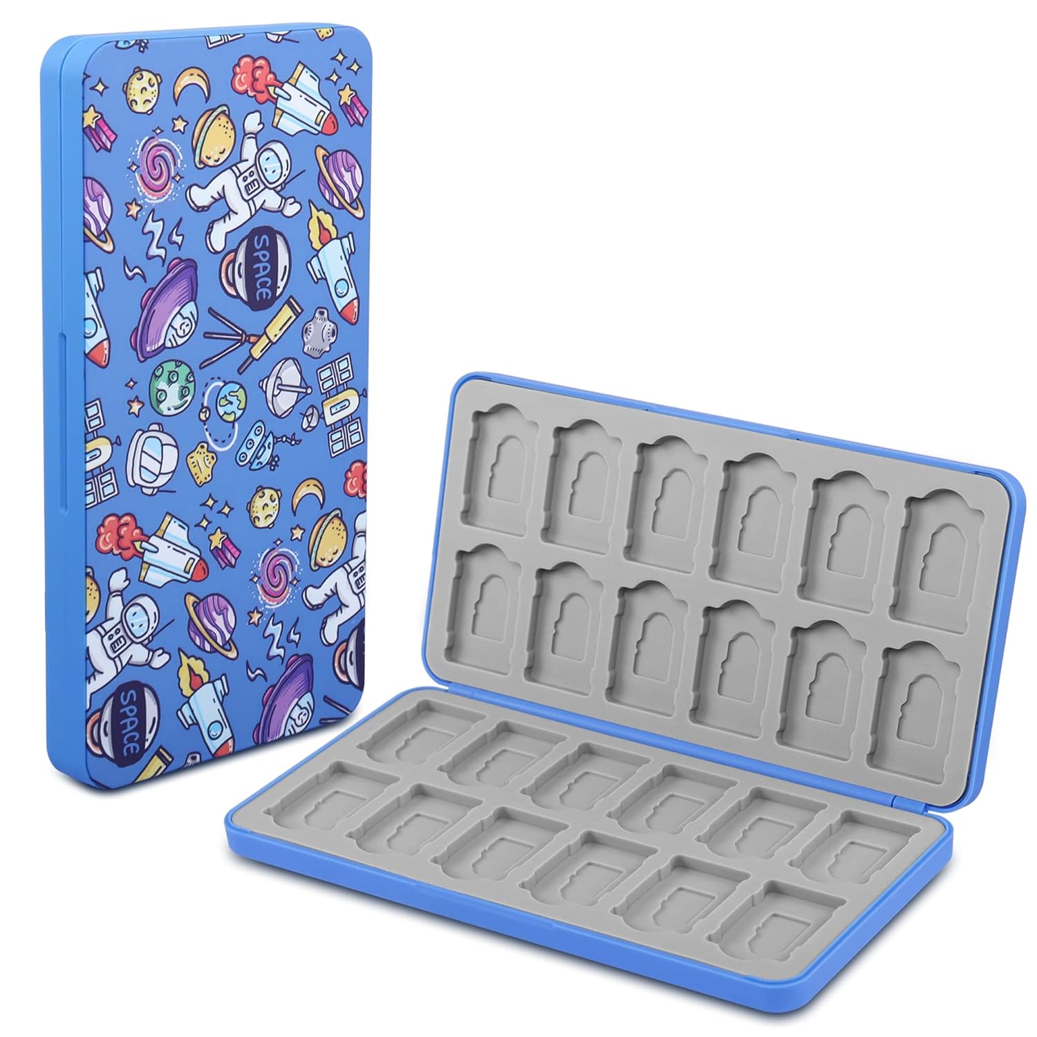 QIANRENON 24 in 1 Game Cassette Magnetic Organizer Case Micro SD Game Card Storage Case, Holds 24 NDS Cassette+24 MicroSD Card, Storage NDS Switch OLED Switch Lite Card, Blue/Astronomical Pattern