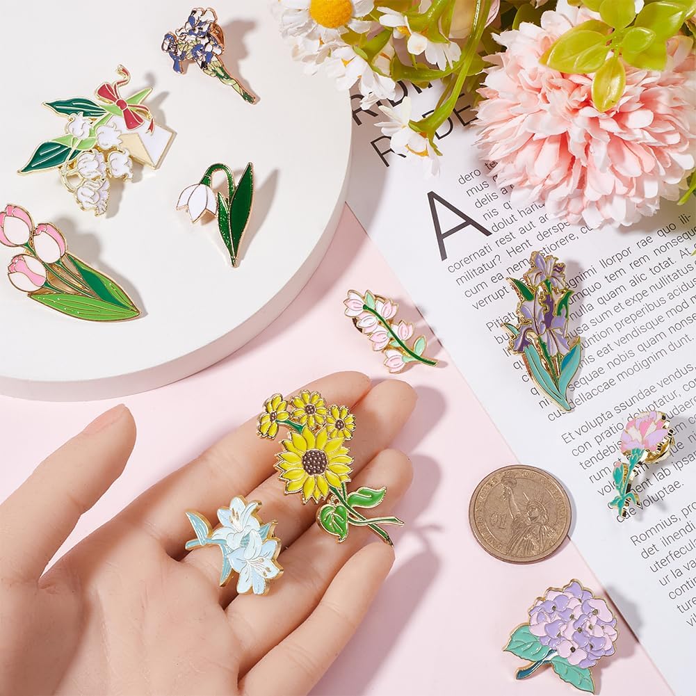 SUNNYCLUE 20Pcs 10 Styles Flower Enamel Pins Flowers Brooch Pin Bulk Metal Alloy Cartoon Plants Floral Sunflower Tulip Orchid Lapel Brooches for DIY Badges Clothing Jacket Bags Decoration Accessories - Image 3