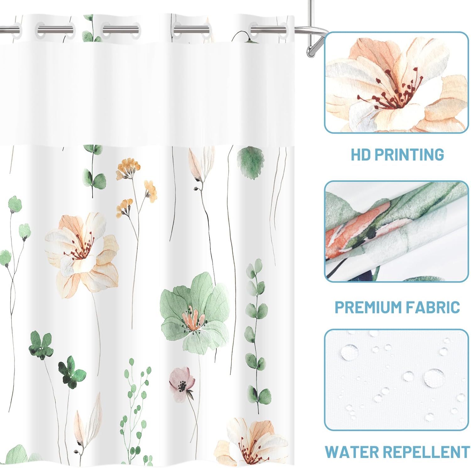 WITHLOC No Hook Shower Curtain with Snap in Liner - Floral Shower Curtain - Fabric Waterproof Inner Liner, Plants Watercolor Sage Green Modern Cloth Shower Curtains - Machine Washable, 71 x 74