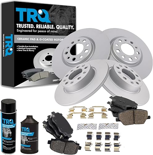 TRQ Kit de pastillas de freno delanteras y traseras y rotores Kit de productos químicos de freno, pastillas de freno Rotor de freno Cerámica Premium