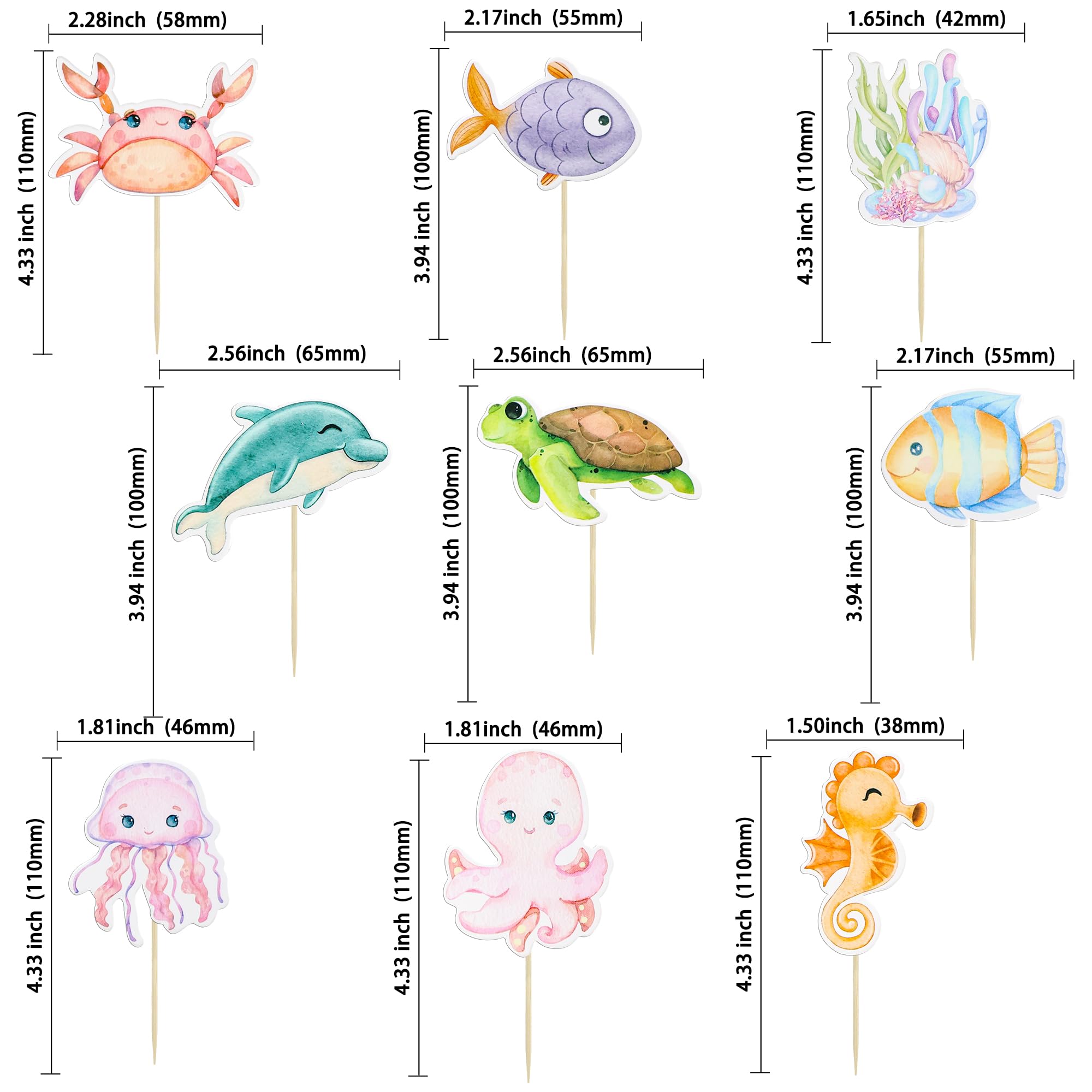 Ephlyn 36Pcs Ocean Animal Cupcake Toppers Under the Sea Turtles Octopus Cupcake Picks Seahorse Coral Cake Decorations for Under the Sea Theme Baby Shower Birthday Party Supplies
