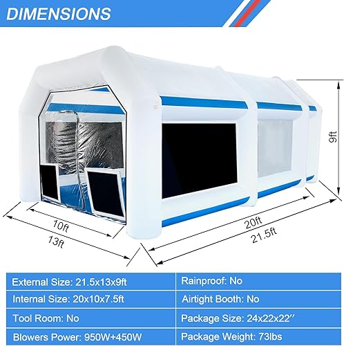 Miniatura 3 de Cabina de pintura inflable de 21.5 x 13 x 9 pies con sopladores de 950 W+450 W para pintura de piezas de automóviles y muebles, cabina de pintura