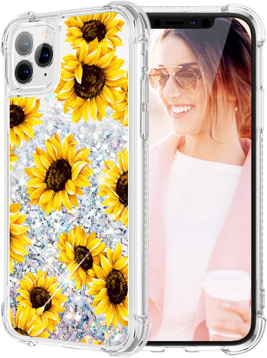 Caka Case for iPhone 11 Pro Max Flower Glitter Case Floral Pattern Liquid Bling TPU Bumper Cushion Protective Luxury Flowing Floating Sparkle Women Girl Case for iPhone 11 Pro Max(Sunflower)
